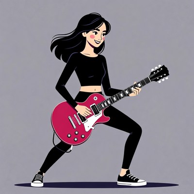 Asian woman playing electric guitar