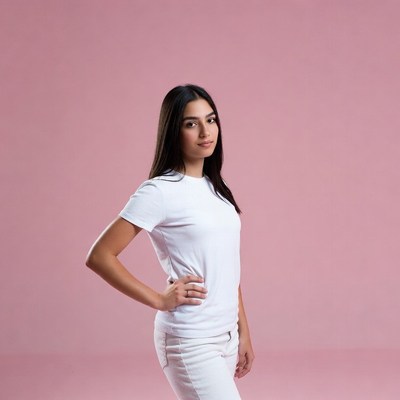 Young woman posing in white t-shirt