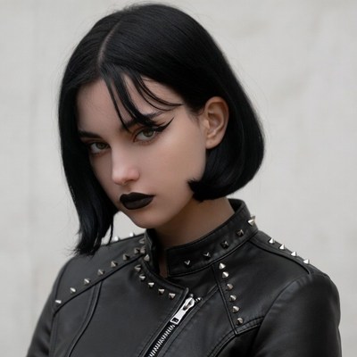 Woman in black studded leather jacket