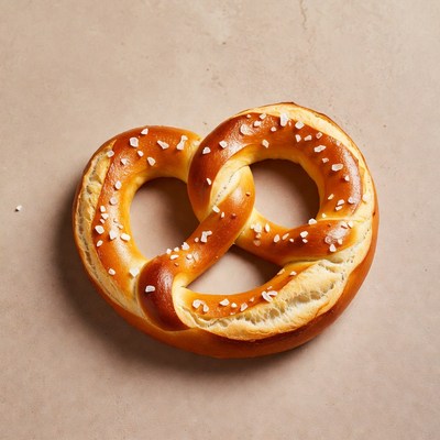Fresh salted pretzel on beige surface