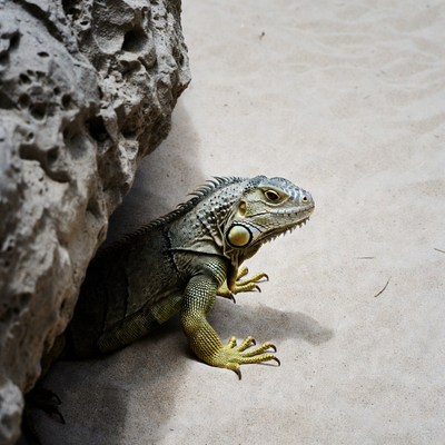 Iguana hiding behind rock