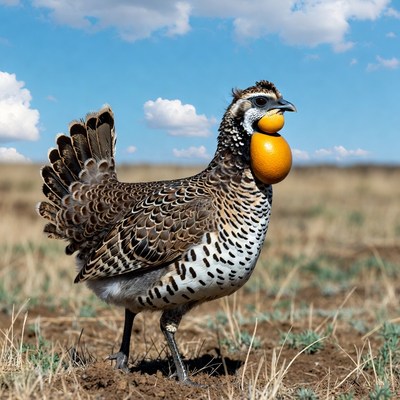 Quail holding orange in field