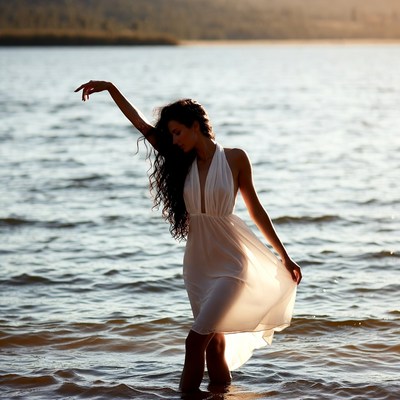 Woman in white dress wading in lake sunset