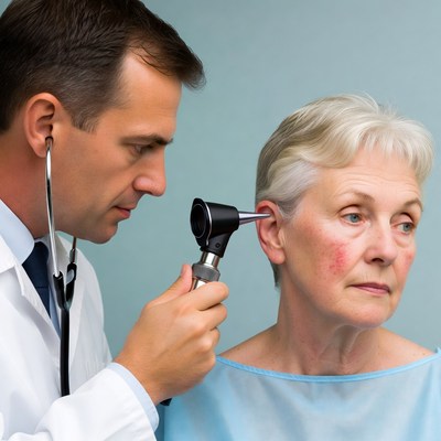 Doctor examining elderly woman's ear