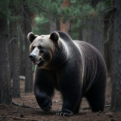 Grizzly Bear Walking in Pine Forest
