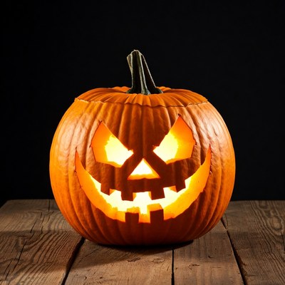 Lit Jack-o'-lantern on wooden table
