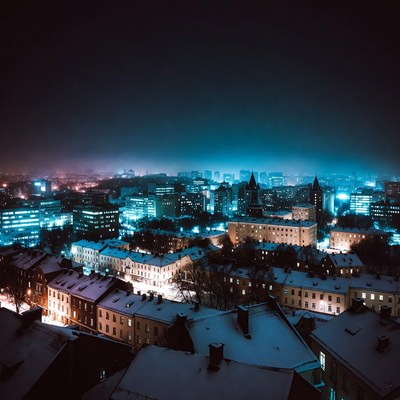Snowy City Skyline at Night
