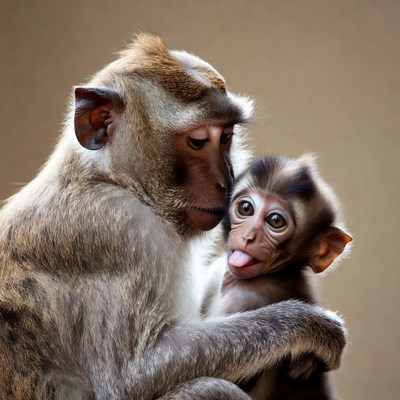 Mother macaque kissing baby monkey