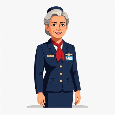 Smiling older Asian flight attendant illustration