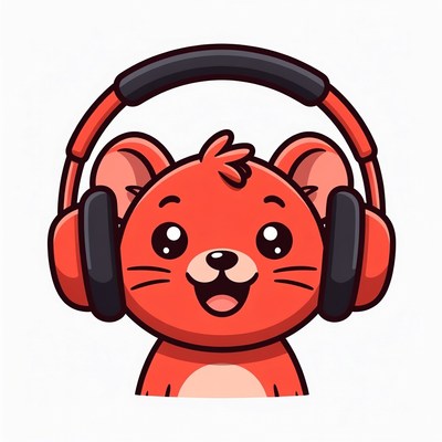 Cute red mouse wearing headphones