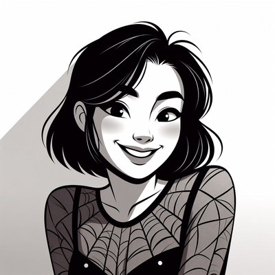 Smiling Asian woman in spiderweb dress