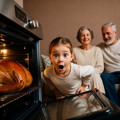 Girl amazed by turkey in oven with grandparents