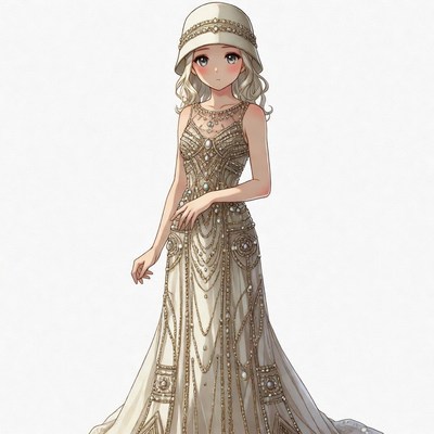Anime girl in beaded flapper dress