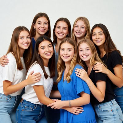 Group of smiling teenage girls hugging