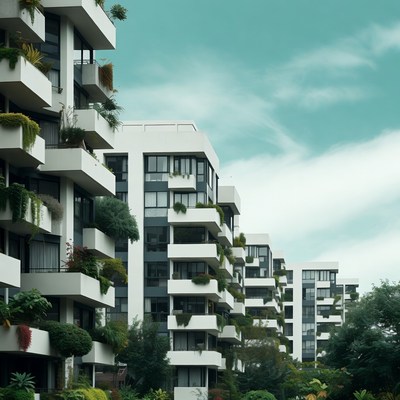 Modern White Apartment Buildings with Plants