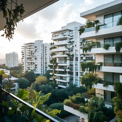 Modern White Buildings with Green Balconies