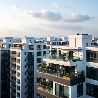 Modern White Apartment Buildings with Balconies
