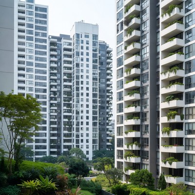 Modern High-Rise Buildings with Green Balconies