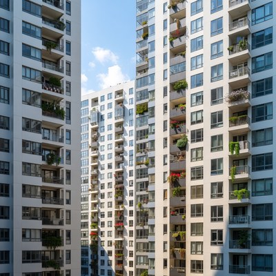 Modern White High-Rise Buildings with Balcony Plants