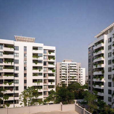 Modern White Apartment Buildings with Greenery