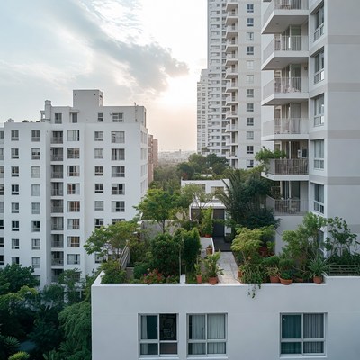 Modern White High-Rise Buildings with Rooftop Garden