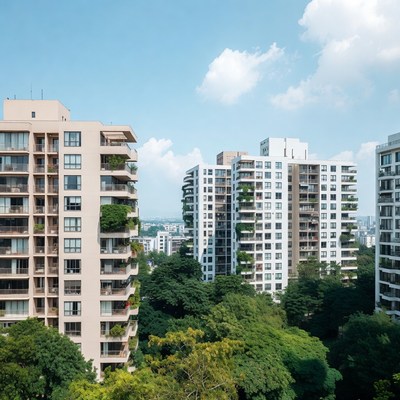 Modern Apartment Buildings with Greenery