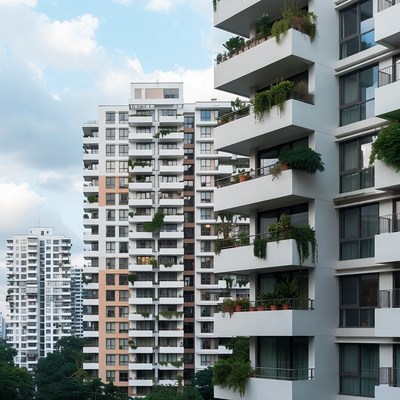Modern high-rise buildings with balcony plants