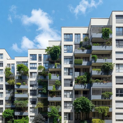 Modern White Apartment Building with Green Balconies