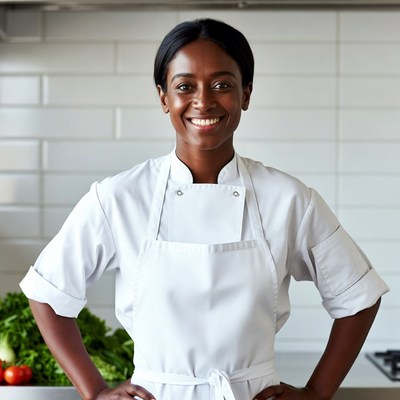 African-American woman chef in kitchen