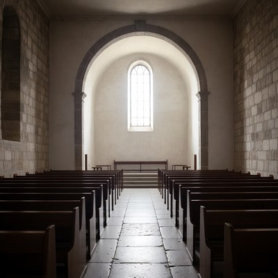 Empty Church Interior with Wooden Pews