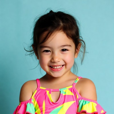 Asian girl smiling in colorful swimsuit