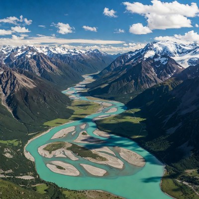 Turquoise River Winding Through Snowy Mountains