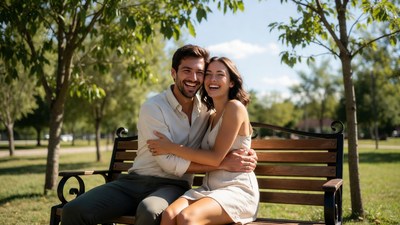 Smiling couple embracing on park bench