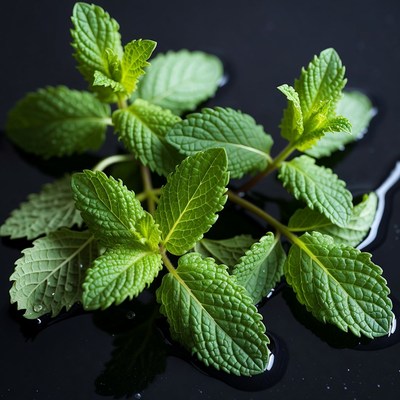 Fresh Mint Leaves on Black Background