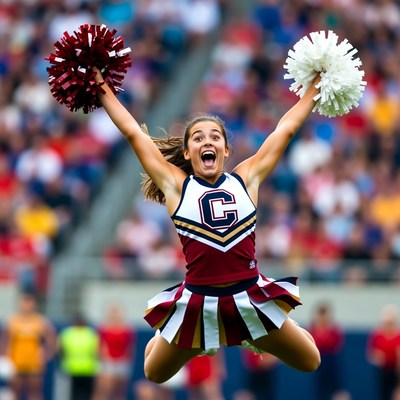 Cheerleader jumping with pom poms