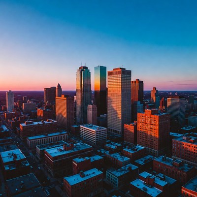 City skyline at sunset