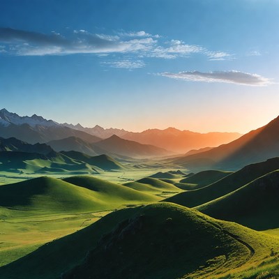 Green Rolling Hills and Snowy Mountains at Sunset