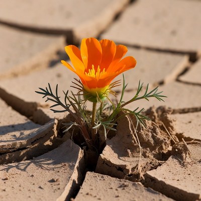 Orange flower in cracked dry ground