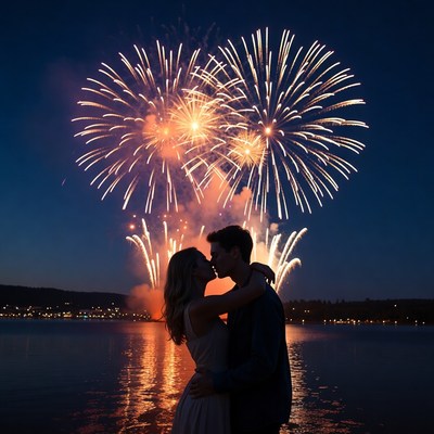 Couple kissing silhouetted against fireworks