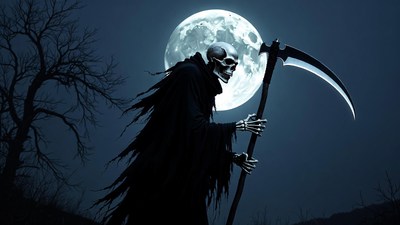 Grim Reaper with Scythe under Moon