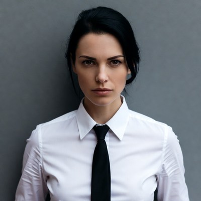 Woman in white shirt and black tie