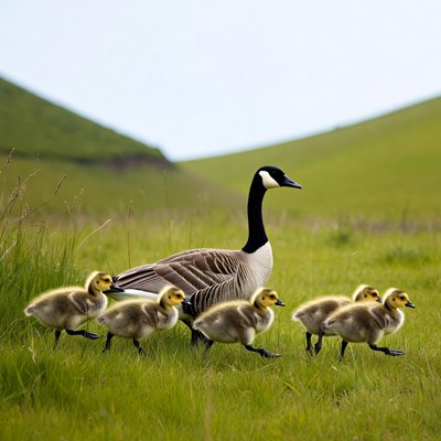 Canada goose with goslings in grass