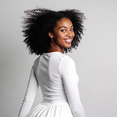 African-American woman with curly hair smiling