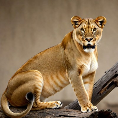 Lioness sitting on log