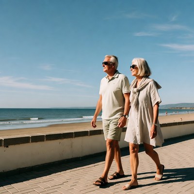 Elderly couple walking beach promenade
