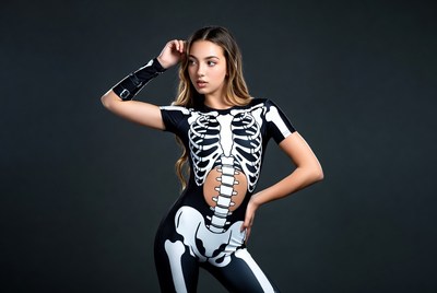 Woman in skeleton bodysuit costume