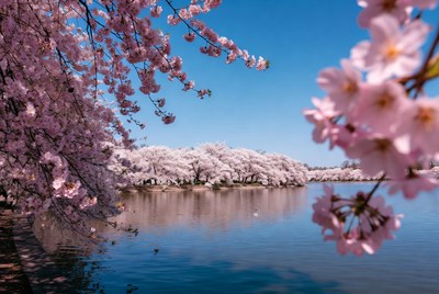 Cherry Blossoms Over Calm Lake