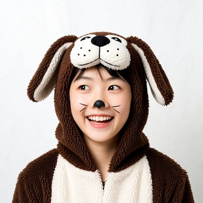 Asian girl in brown dog costume