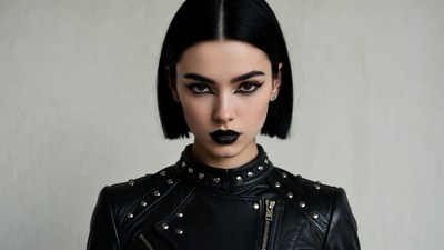 Woman with black bob haircut and leather jacket