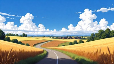 Winding road through golden wheat fields